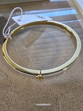 Tory Burch Gold and White Hinged Logo Bangle Bracelet